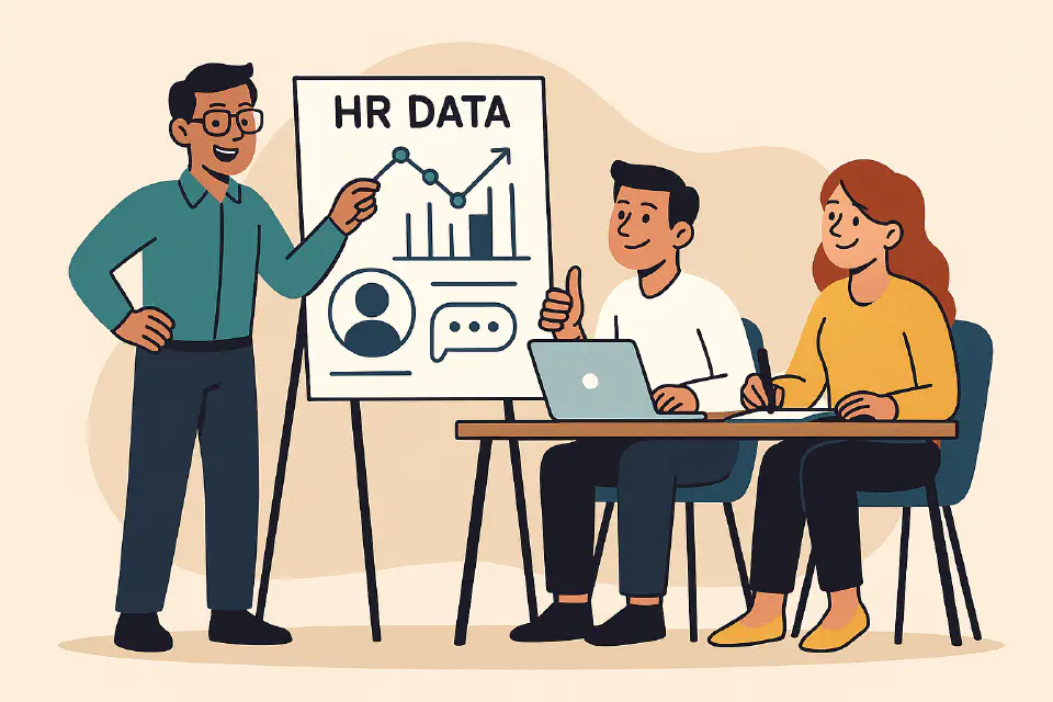 Flat-style illustration of HR professionals interpreting and presenting data on employee performance and engagement to drive business action.