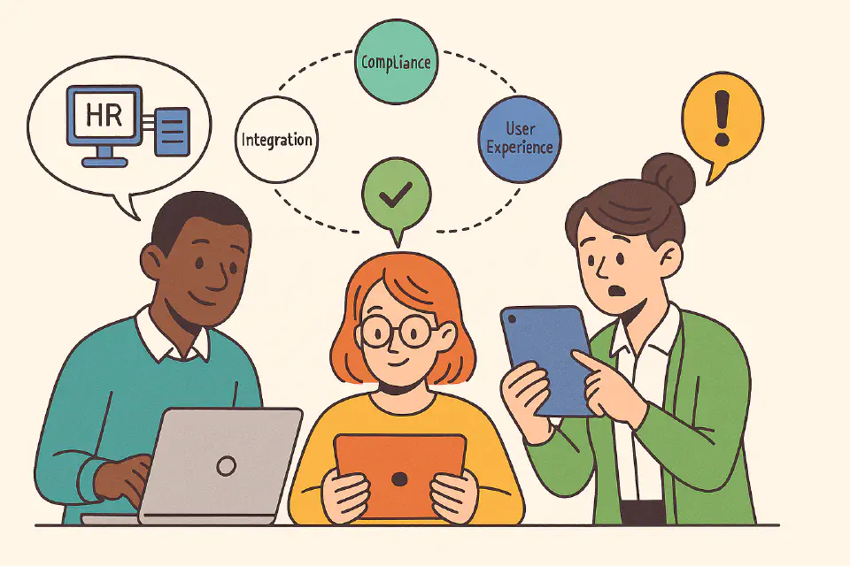 Flat-style digital illustration of HR professionals evaluating different HR technologies, highlighting integration decisions and user experience considerations.